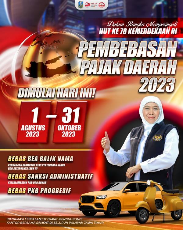 Pemprov Jatim Kembali Gelar Pembebasan Pajak Kendaraan, Mulai 1 Agustus hingga 31 Oktober 2023