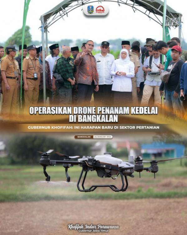 Operasikan Drone Penanam Kedelai di Bangkalan,  Khofifah: Ini Harapan Baru di Sektor Pertanian