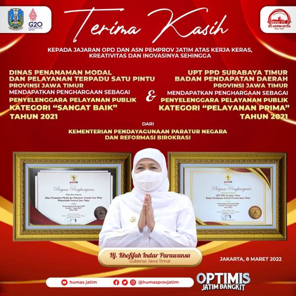 Hebat! Pemprov Jatim Sabet Dua Penghargaan Pelayanan Publik Terbaik 2021 dari KemenPAN-RB