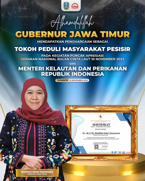 Khofifah Raih Penghargaan Tokoh Peduli Masyarakat Pesisir dari KKP RI