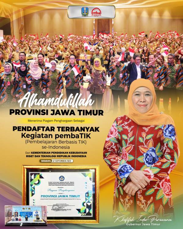 Khofifah Terima Penghargaan dari Kemendikbudristek RI, Tendik Jatim Jadi Peserta Terbanyak Gebyar PembaTIK Indonesia